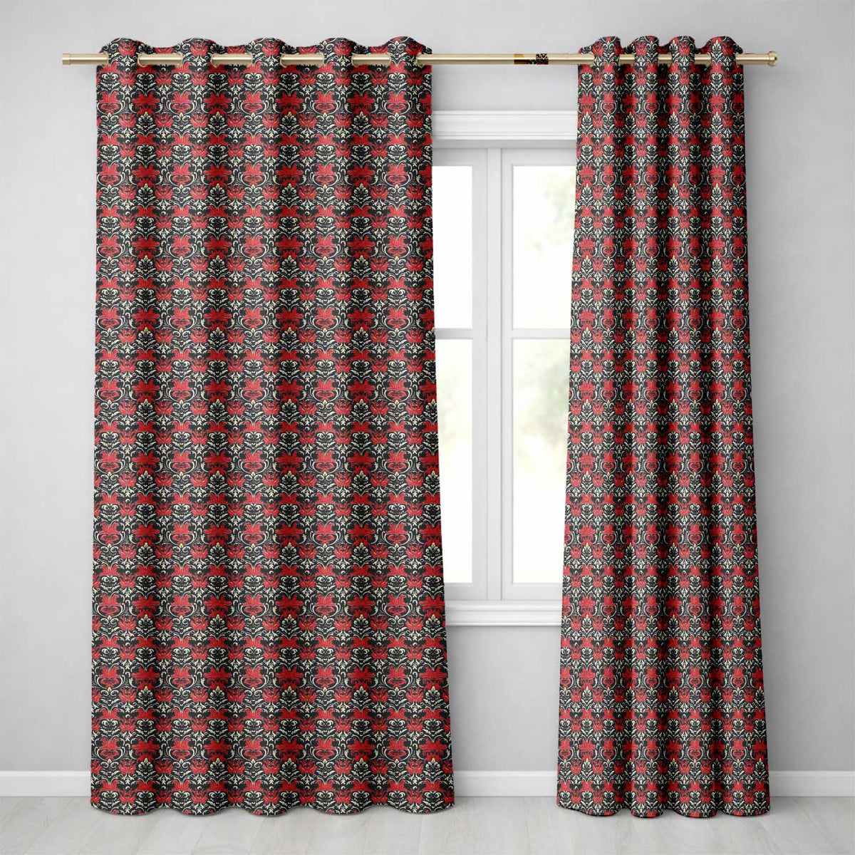 Elegant Black Background Red Floral Baroque Damask Seamless Pattern Readymade Eyelet Ring Top Thermal 100% Blackout Curtains