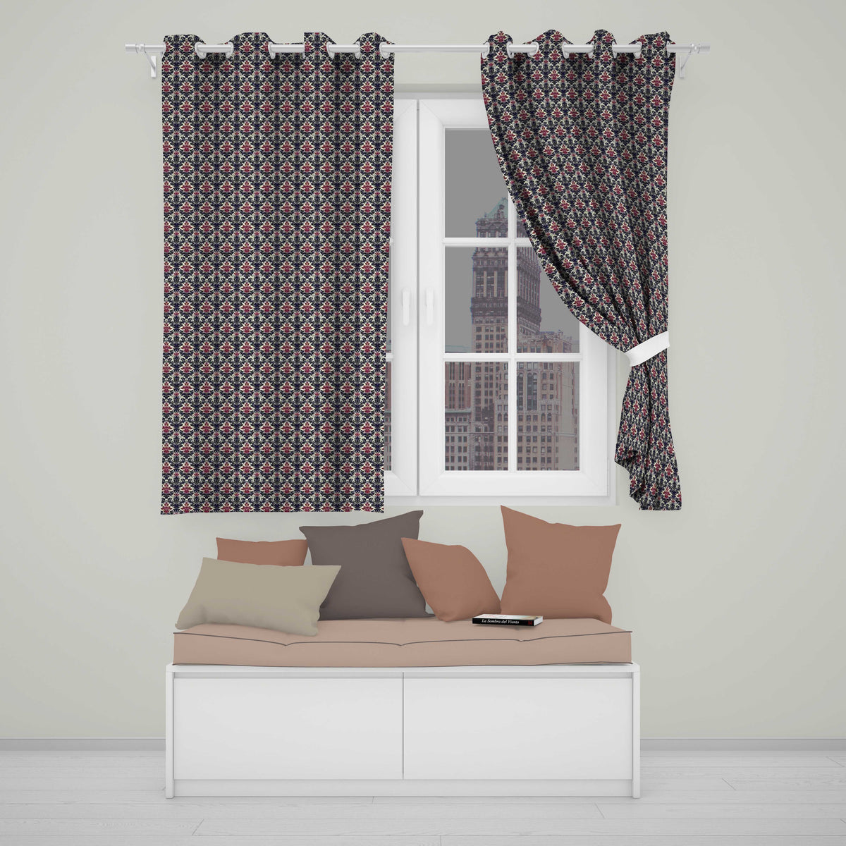 Classic Vintage Red and Navy Damask Ornamental Seamless Pattern Readymade Eyelet Ring Top Thermal 100% Blackout Curtains