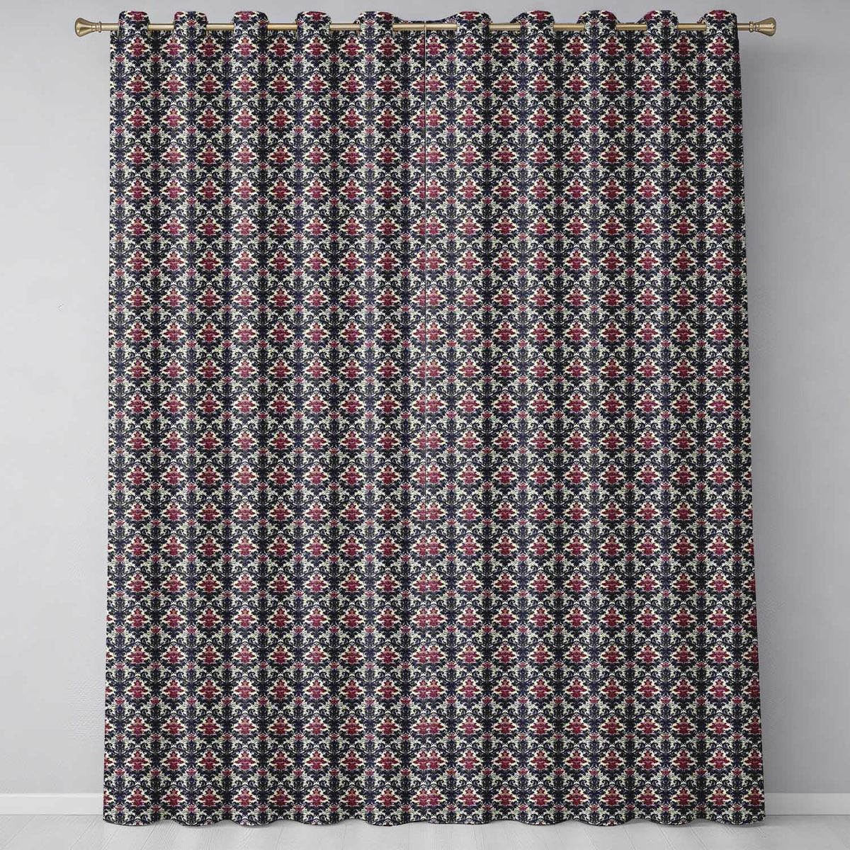 Classic Vintage Red and Navy Damask Ornamental Seamless Pattern Readymade Eyelet Ring Top Thermal 100% Blackout Curtains