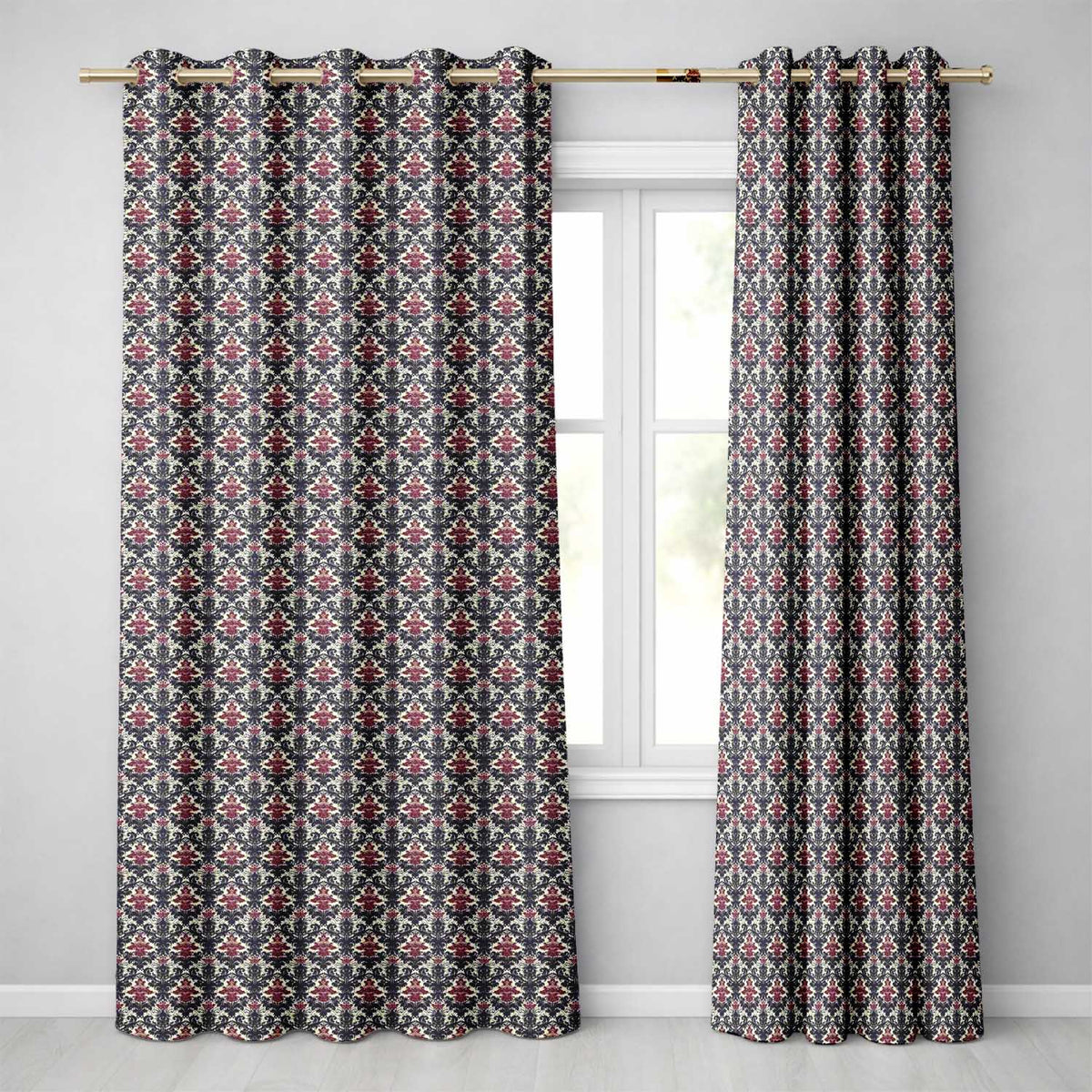 Classic Vintage Red and Navy Damask Ornamental Seamless Pattern Readymade Eyelet Ring Top Thermal 100% Blackout Curtains