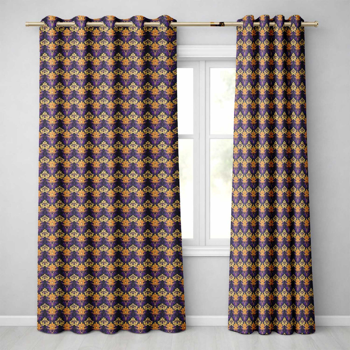 Luxurious Purple and Gold Ornate Floral Damask Seamless Pattern Readymade Eyelet Ring Top Thermal 100% Blackout Curtains
