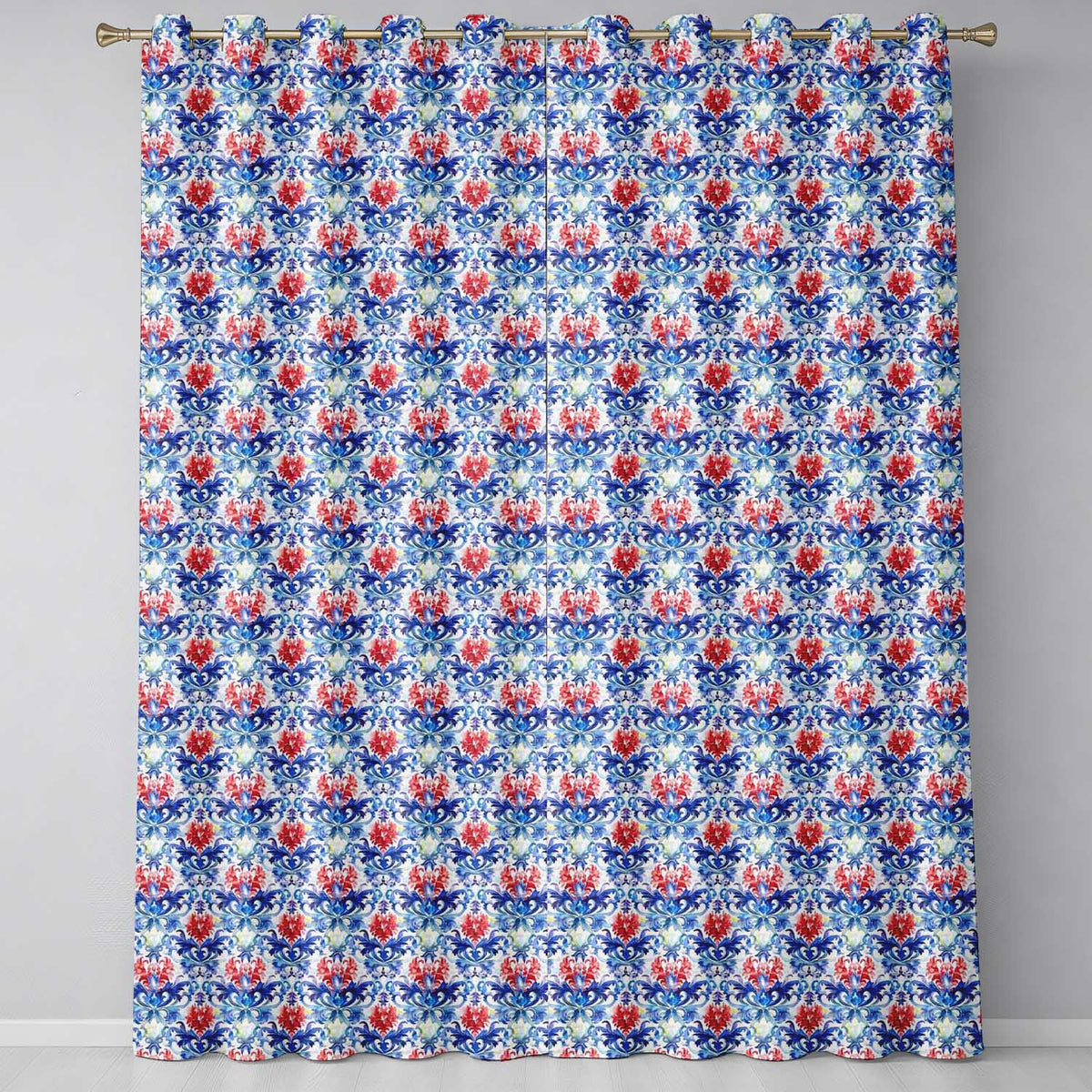 Elegant Blue and Red Watercolor Floral Damask Seamless Pattern Readymade Eyelet Ring Top Thermal 100% Blackout Curtains