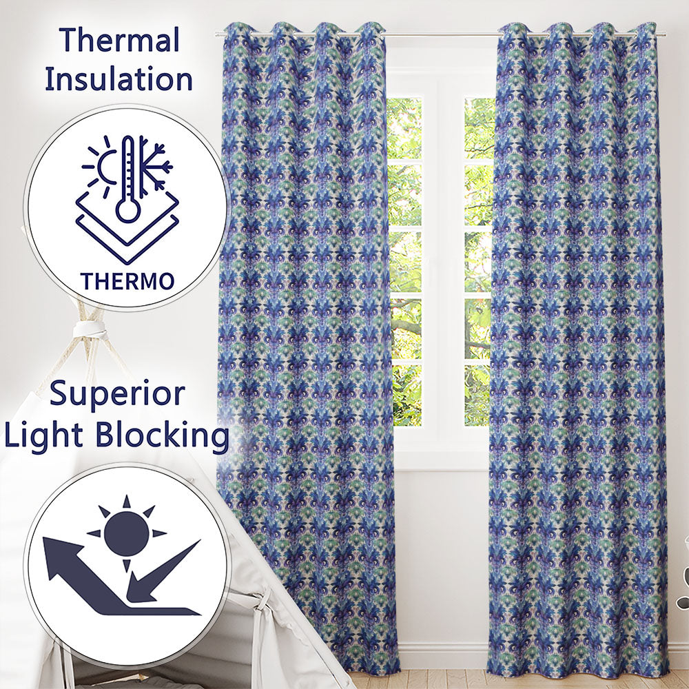 Cool Blue and Teal Watercolor Floral Ornamental Seamless Pattern Readymade Eyelet Ring Top Thermal 100% Blackout Curtains