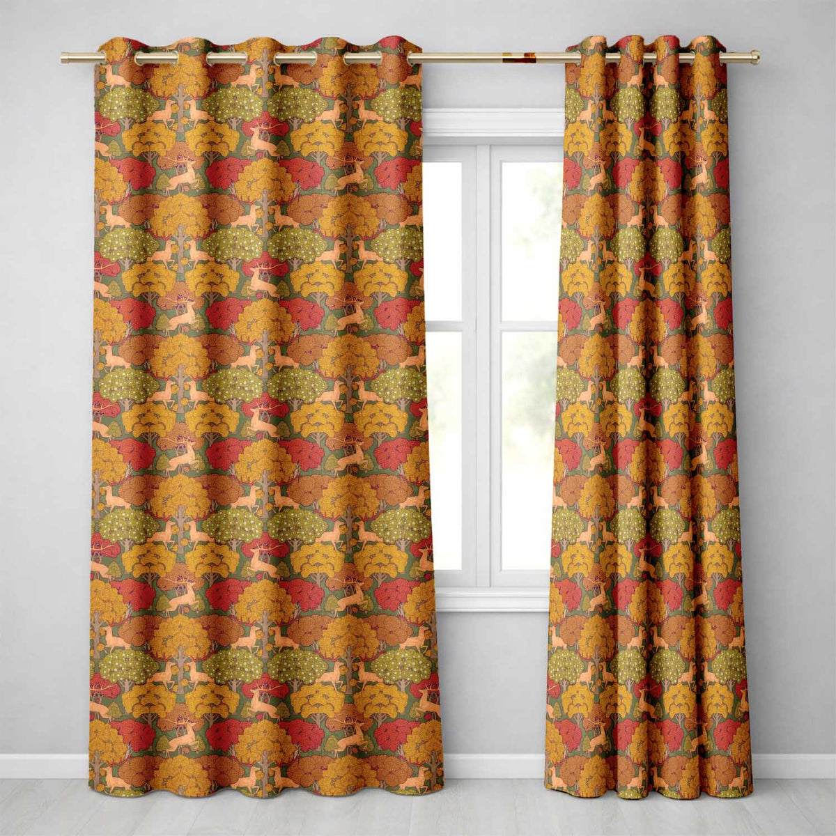 Autumn Forest Deer with Golden Trees Woodland Seamless Pattern Readymade Eyelet Ring Top Thermal 100% Blackout Curtains
