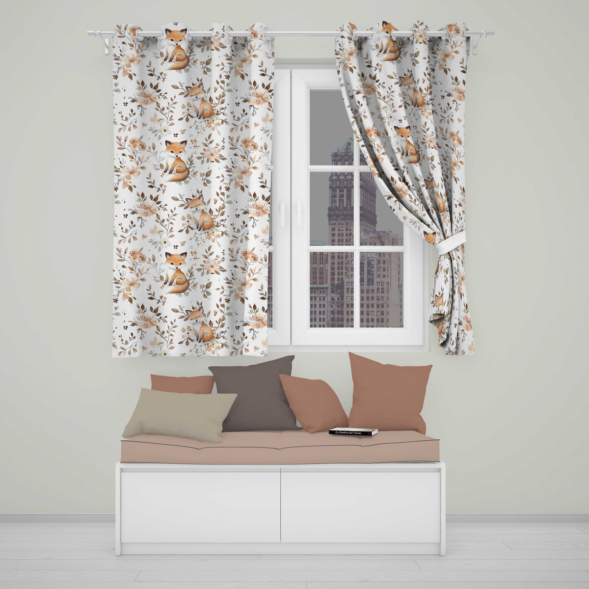 Cute Watercolor Fox with Floral Leaves Seamless Pattern Readymade Eyelet Ring Top Thermal 100% Blackout Curtains