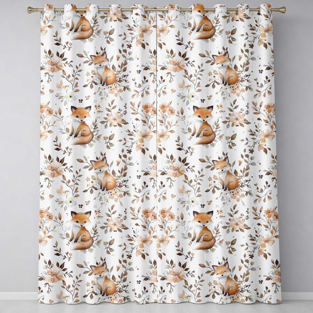 Cute Watercolor Fox with Floral Leaves Seamless Pattern Readymade Eyelet Ring Top Thermal 100% Blackout Curtains