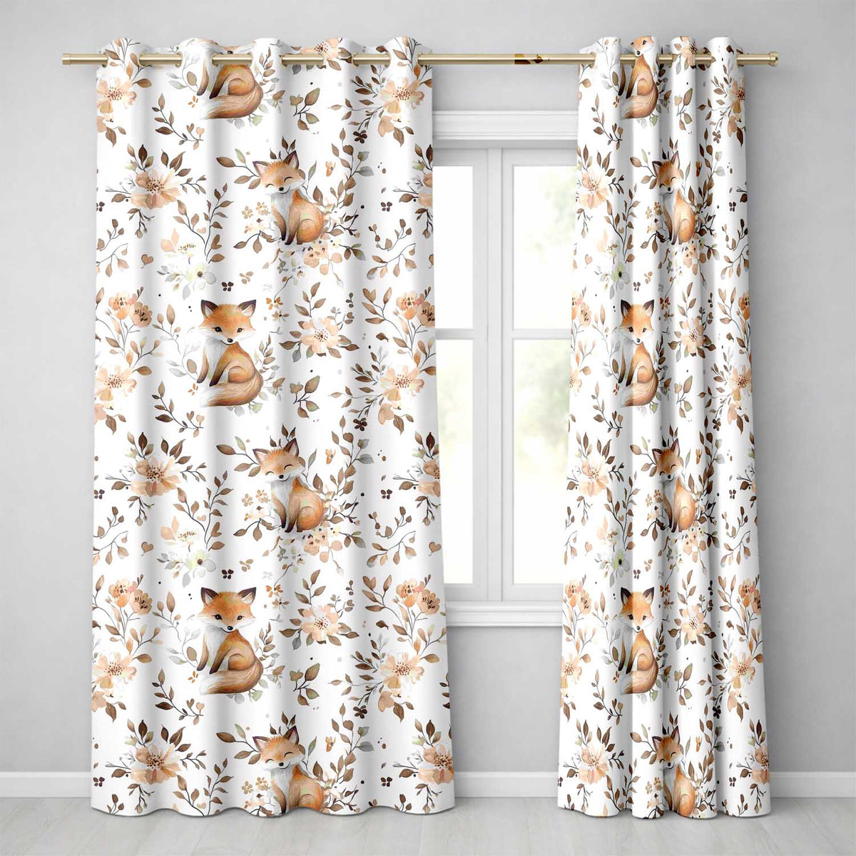 Cute Watercolor Fox with Floral Leaves Seamless Pattern Readymade Eyelet Ring Top Thermal 100% Blackout Curtains