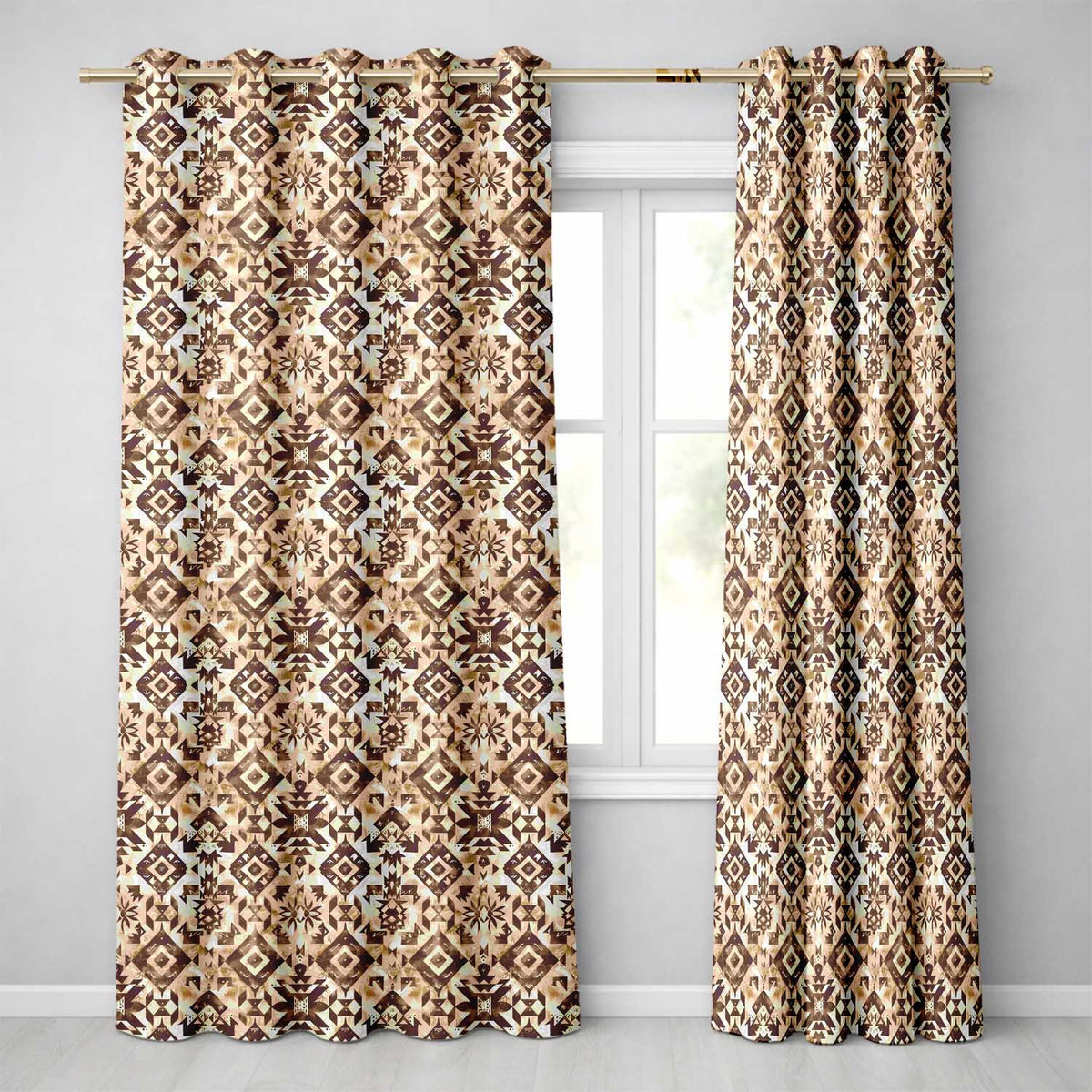 Vintage Brown Tribal Aztec Ornamental Seamless Pattern Readymade Eyelet Ring Top Thermal 100% Blackout Curtains