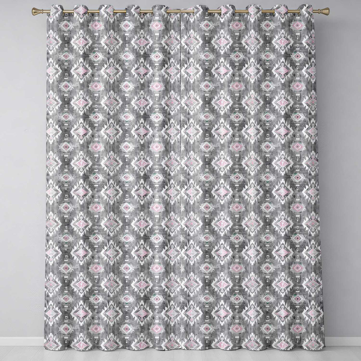Soft Grey and Pink Boho Tribal Seamless Pattern Readymade Eyelet Ring Top Thermal 100% Blackout Curtains