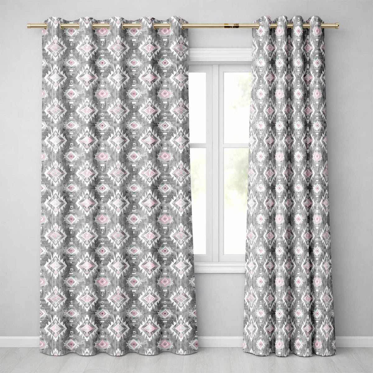 Soft Grey and Pink Boho Tribal Seamless Pattern Readymade Eyelet Ring Top Thermal 100% Blackout Curtains