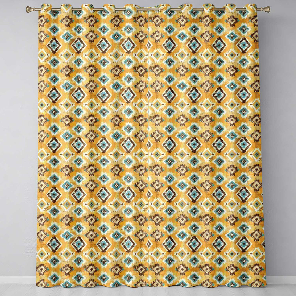 Mustard Yellow and Teal Aztec Geometric Tribal Seamless Pattern Readymade Eyelet Ring Top Thermal 100% Blackout Curtains