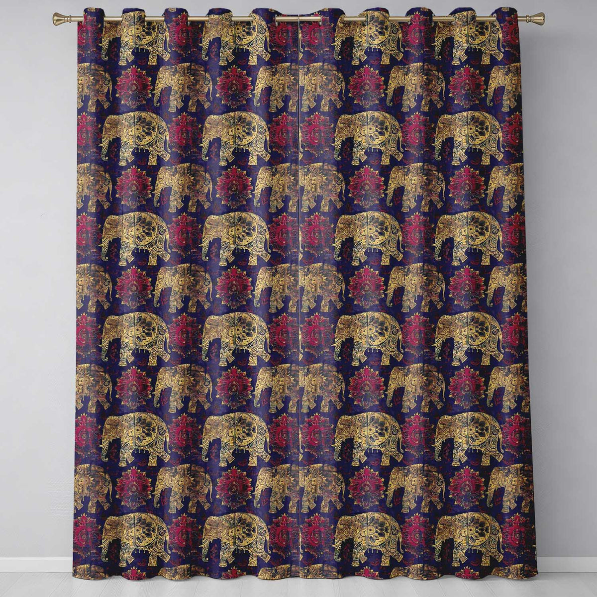 Vintage Elephant and Floral Ethnic Seamless Pattern Readymade Eyelet Ring Top Thermal 100% Blackout Curtains