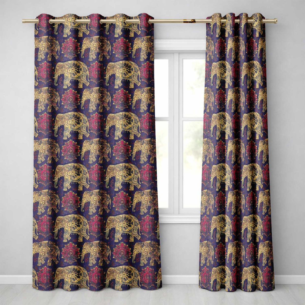 Vintage Elephant and Floral Ethnic Seamless Pattern Readymade Eyelet Ring Top Thermal 100% Blackout Curtains