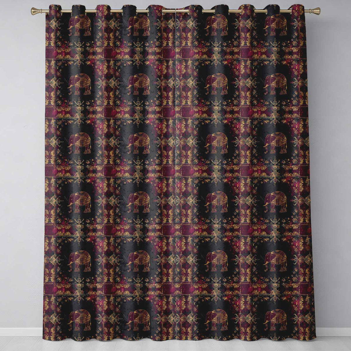 Ornate Gold Elephant and Floral Vintage Seamless Pattern Readymade Eyelet Ring Top Thermal 100% Blackout Curtains