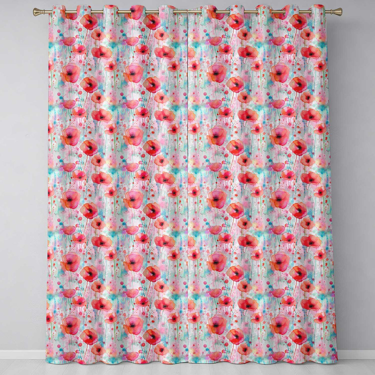 Dreamy Watercolor Poppy Flowers with Dripping Paint Seamless Pattern Readymade Eyelet Ring Top Thermal 100% Blackout Curtains