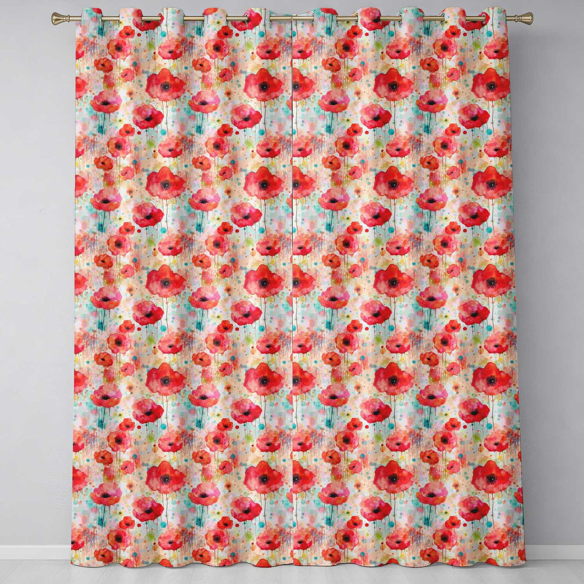 Dreamy Red Poppy Flowers with Paint Drip Effect Seamless Pattern Readymade Eyelet Ring Top Thermal 100% Blackout Curtains