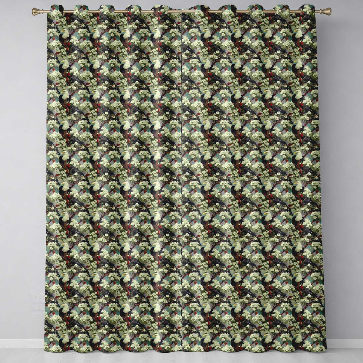 Realistic Bald Eagle on Floral Branch Seamless Pattern Readymade Eyelet Ring Top Thermal 100% Blackout Curtains