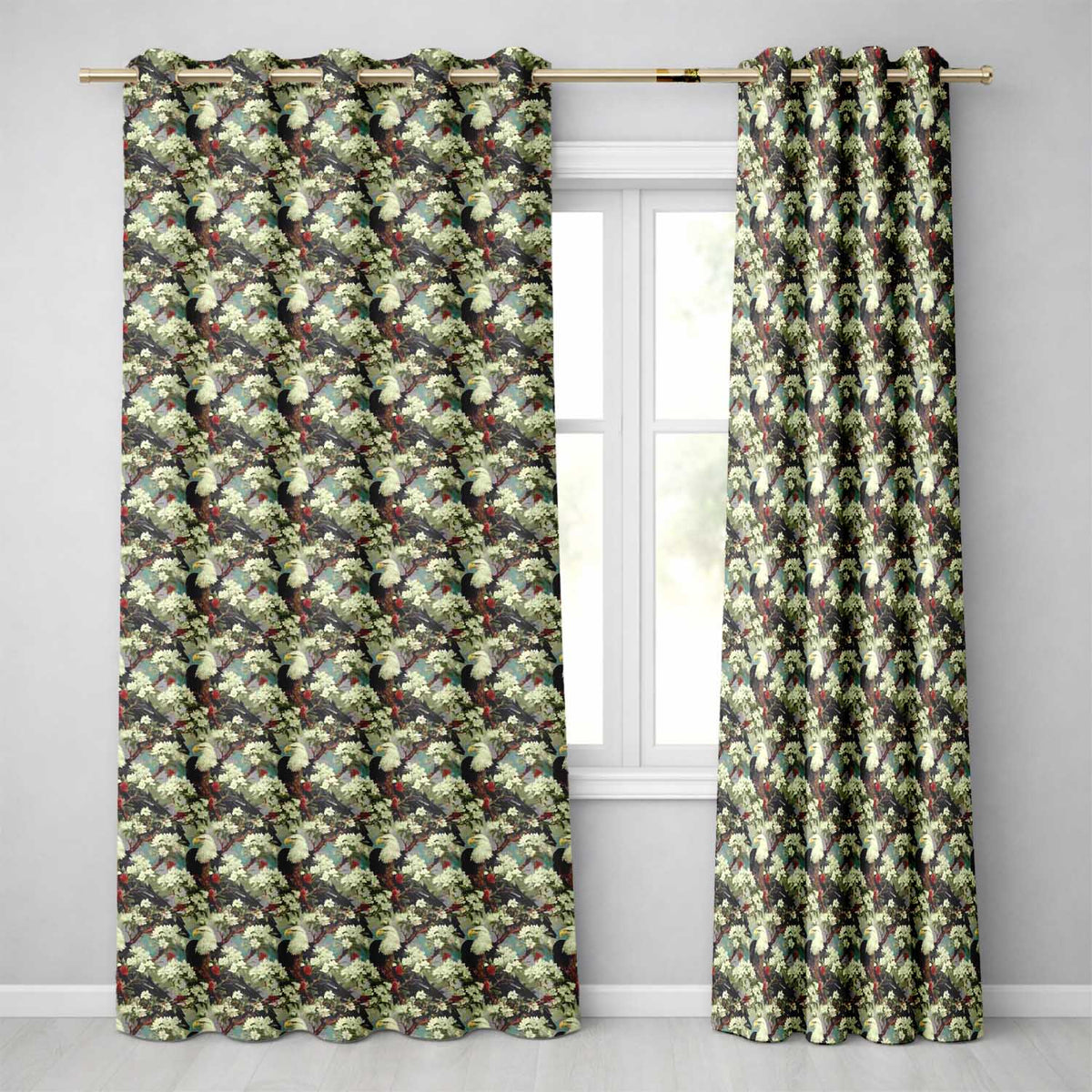Realistic Bald Eagle on Floral Branch Seamless Pattern Readymade Eyelet Ring Top Thermal 100% Blackout Curtains