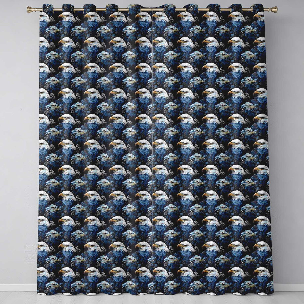Detailed Blue Tone Eagle Wildlife Seamless Pattern Readymade Eyelet Ring Top Thermal 100% Blackout Curtains