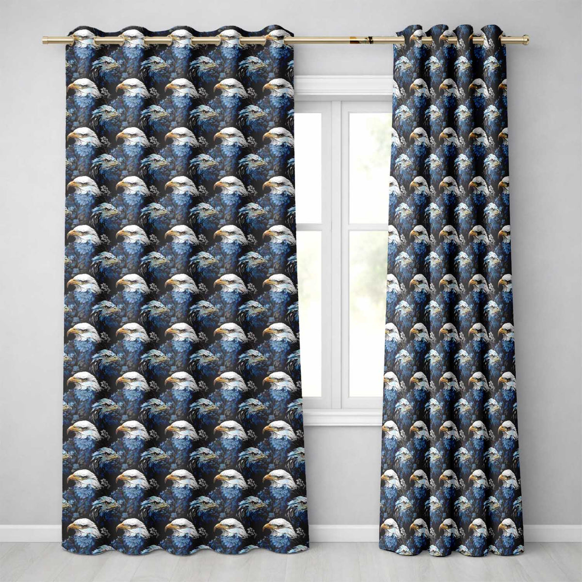 Detailed Blue Tone Eagle Wildlife Seamless Pattern Readymade Eyelet Ring Top Thermal 100% Blackout Curtains