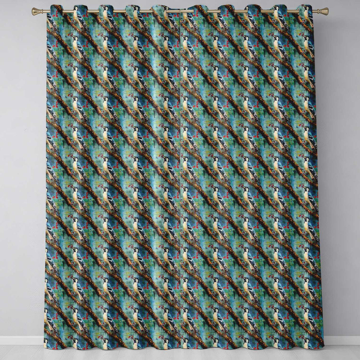 Artistic Blue Woodpecker on Tree Branch Seamless Pattern Readymade Eyelet Ring Top Thermal 100% Blackout Curtains
