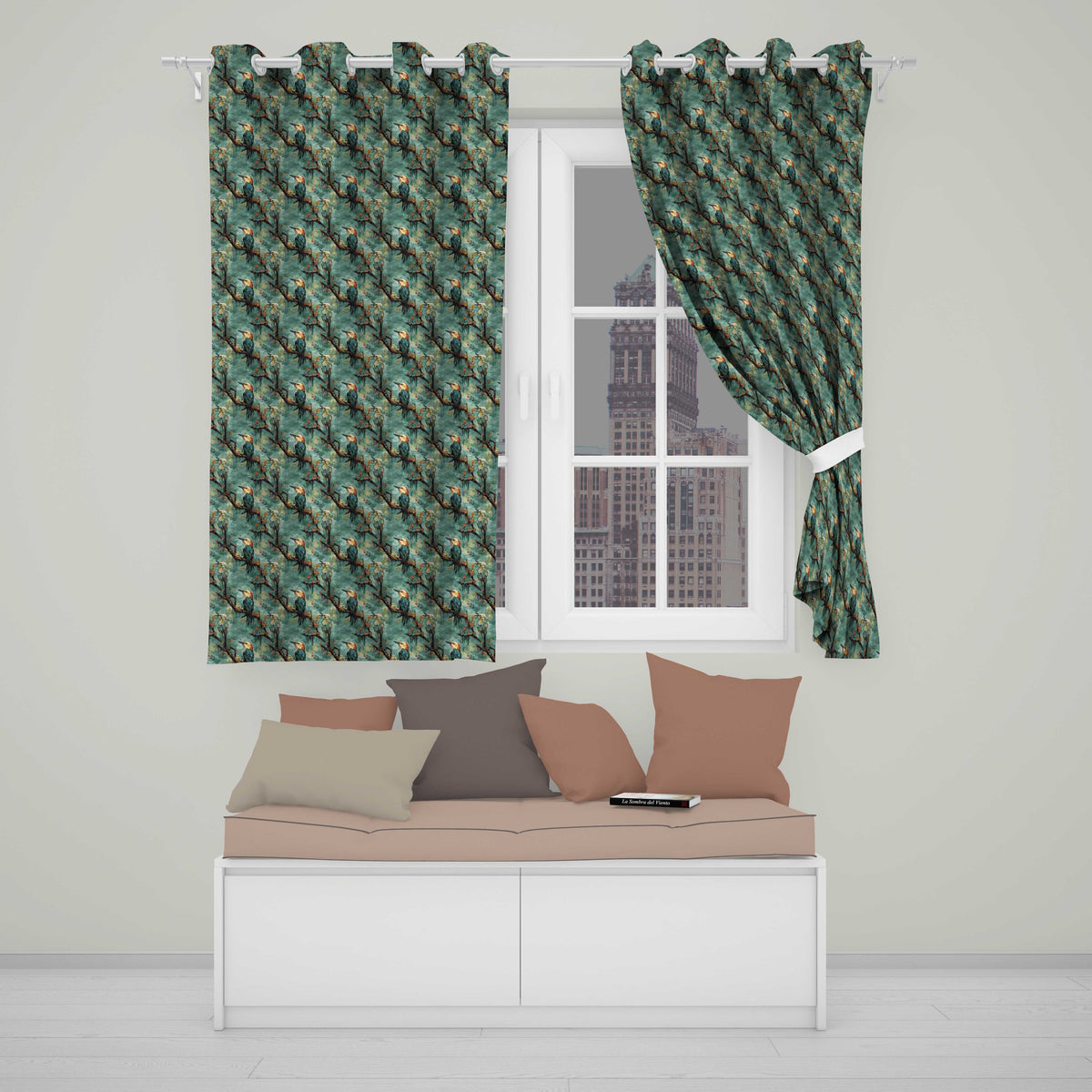 Painterly Blue and Orange Birds on Branch Seamless Pattern Readymade Eyelet Ring Top Thermal 100% Blackout Curtains