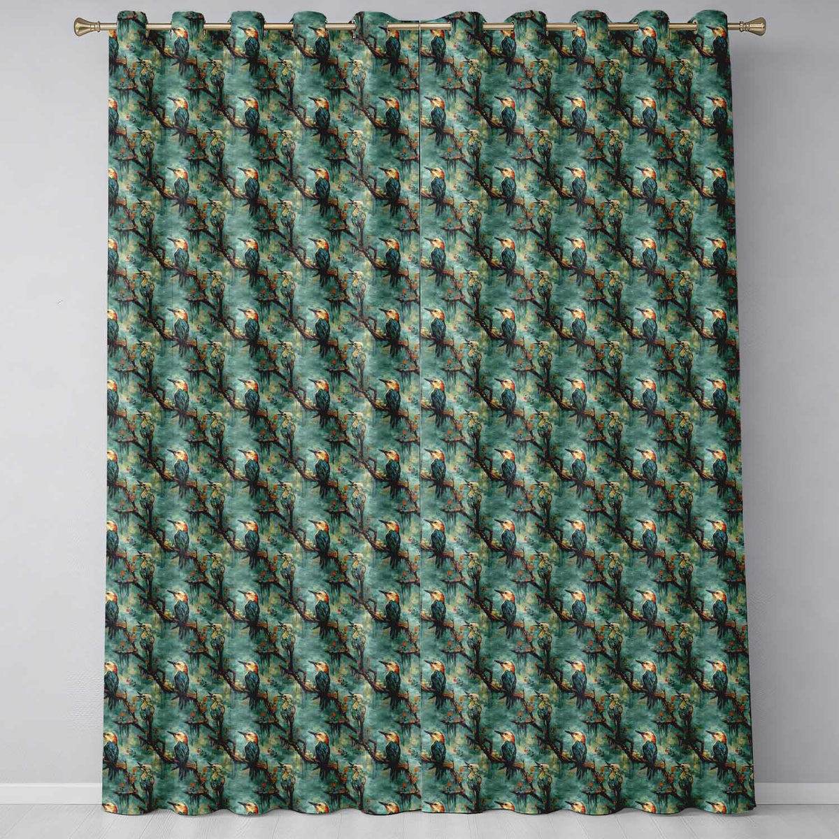 Painterly Blue and Orange Birds on Branch Seamless Pattern Readymade Eyelet Ring Top Thermal 100% Blackout Curtains