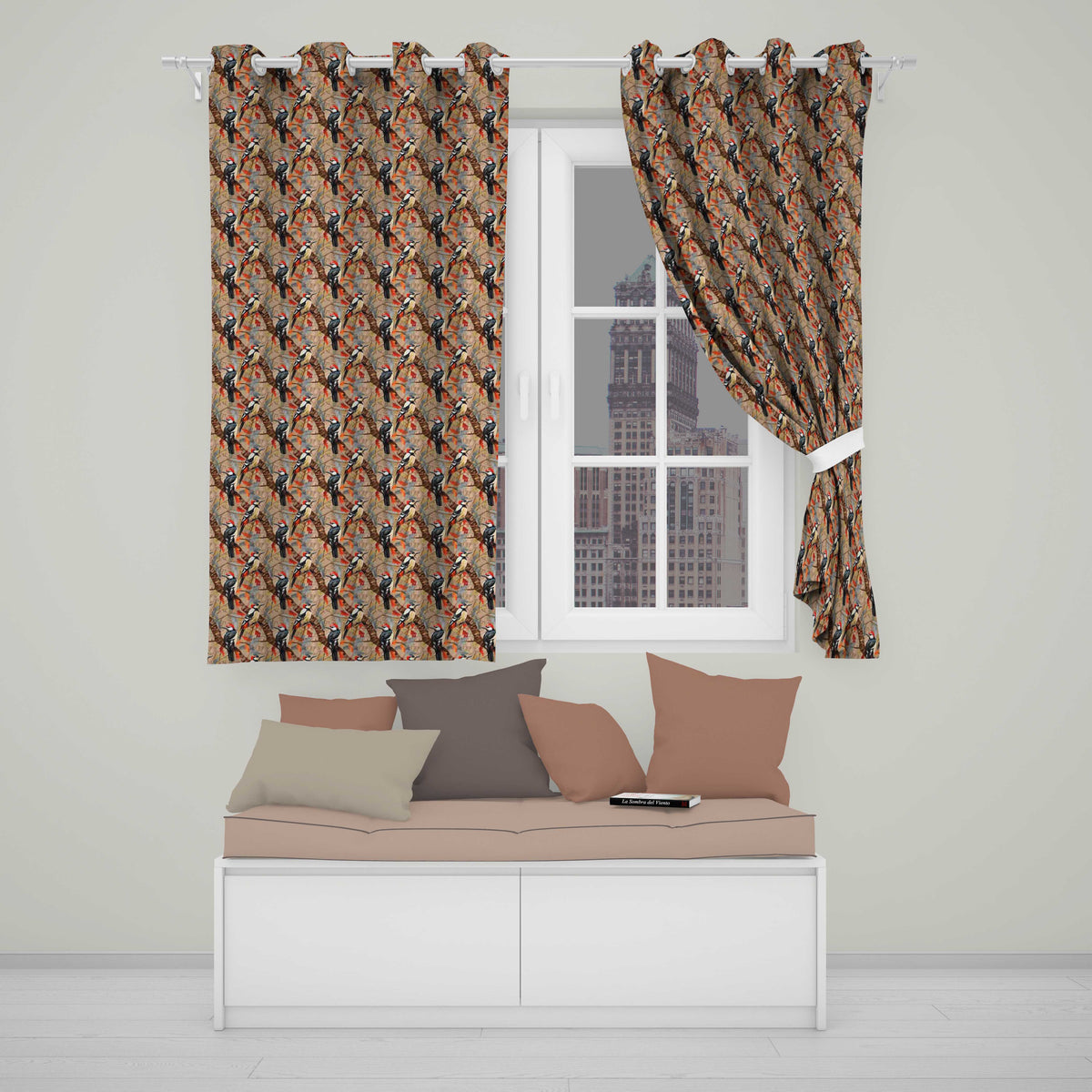Autumn Woodpecker Birds with Orange Leaves Seamless Pattern Readymade Eyelet Ring Top Thermal 100% Blackout Curtains