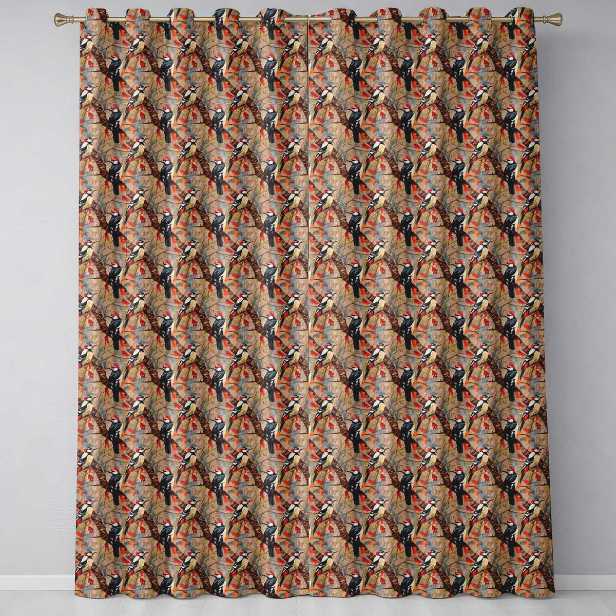 Autumn Woodpecker Birds with Orange Leaves Seamless Pattern Readymade Eyelet Ring Top Thermal 100% Blackout Curtains