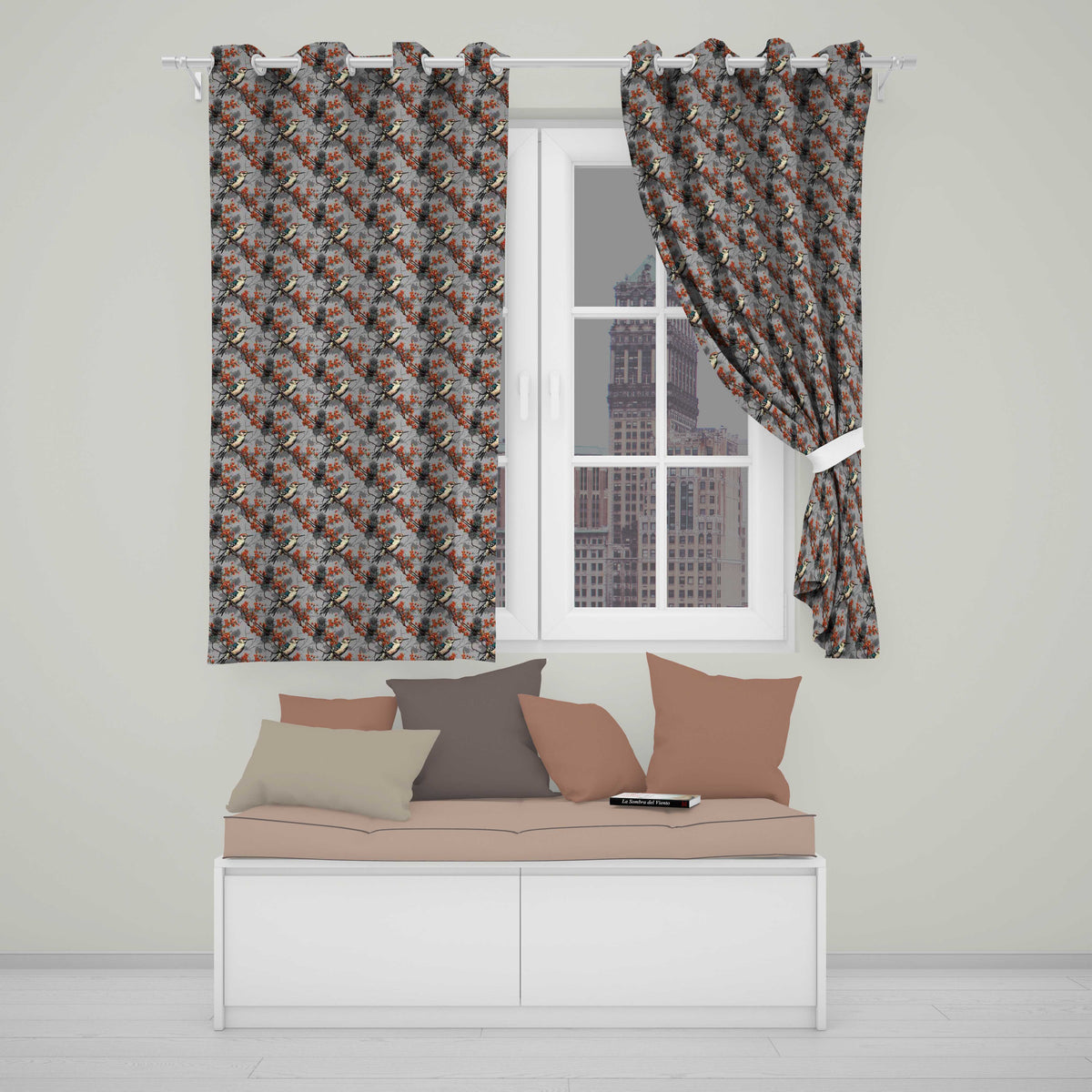 Decorative Bird with Red Berry Branch Seamless Pattern Readymade Eyelet Ring Top Thermal 100% Blackout Curtains