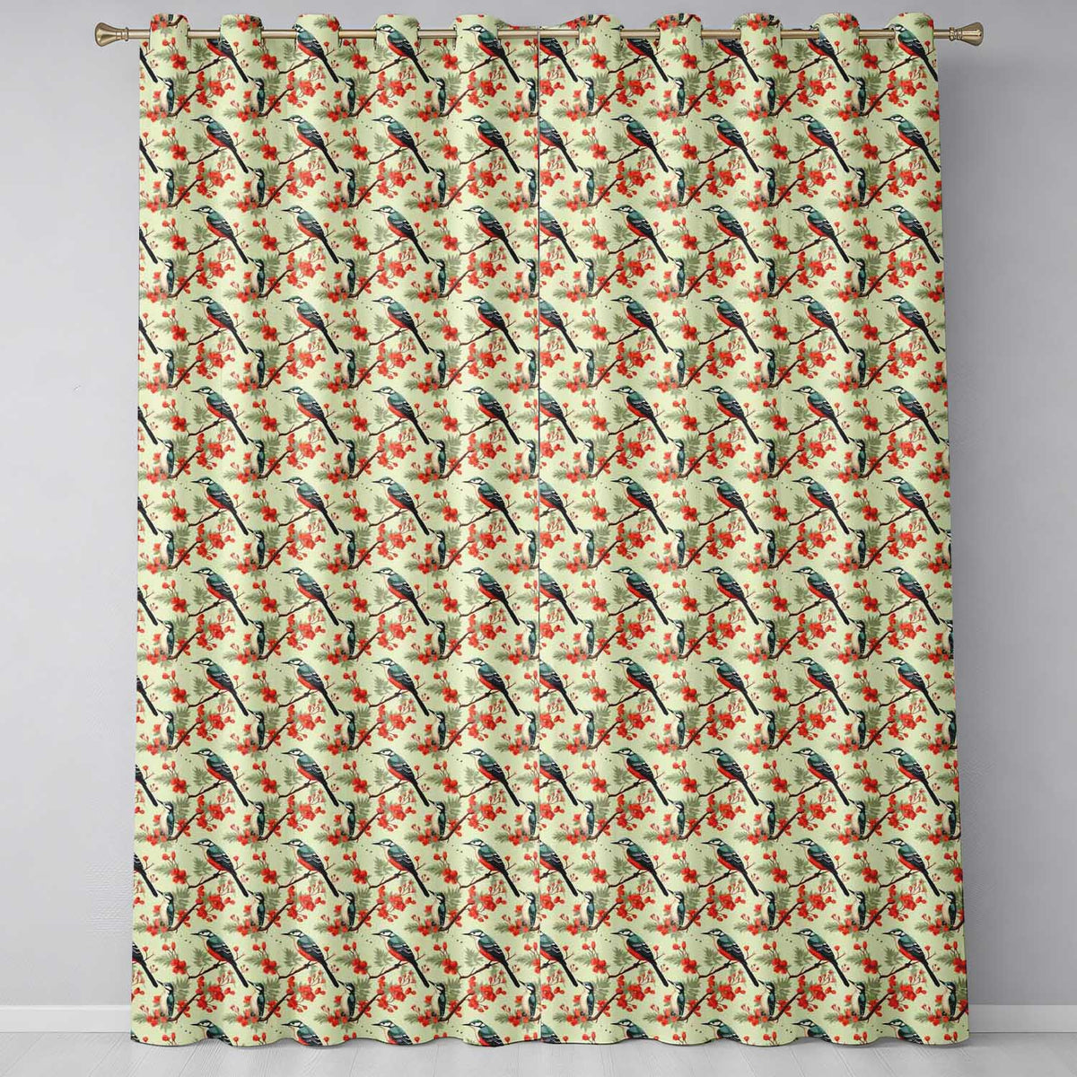Blue and Red Birds with Floral Branch Garden Seamless Pattern Readymade Eyelet Ring Top Thermal 100% Blackout Curtains