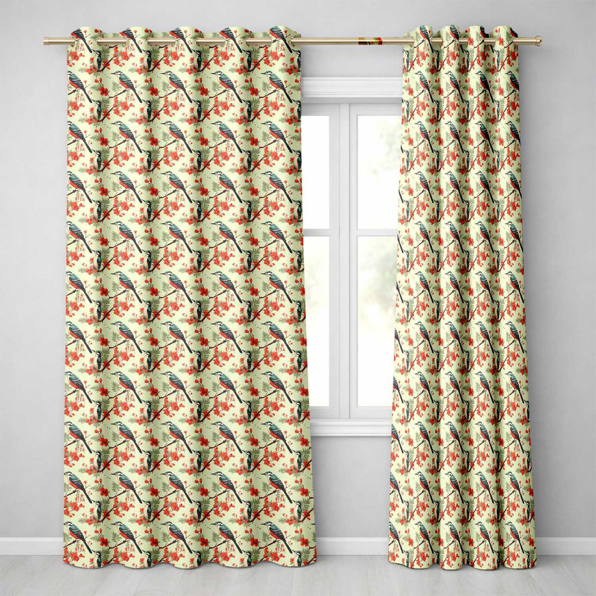 Blue and Red Birds with Floral Branch Garden Seamless Pattern Readymade Eyelet Ring Top Thermal 100% Blackout Curtains