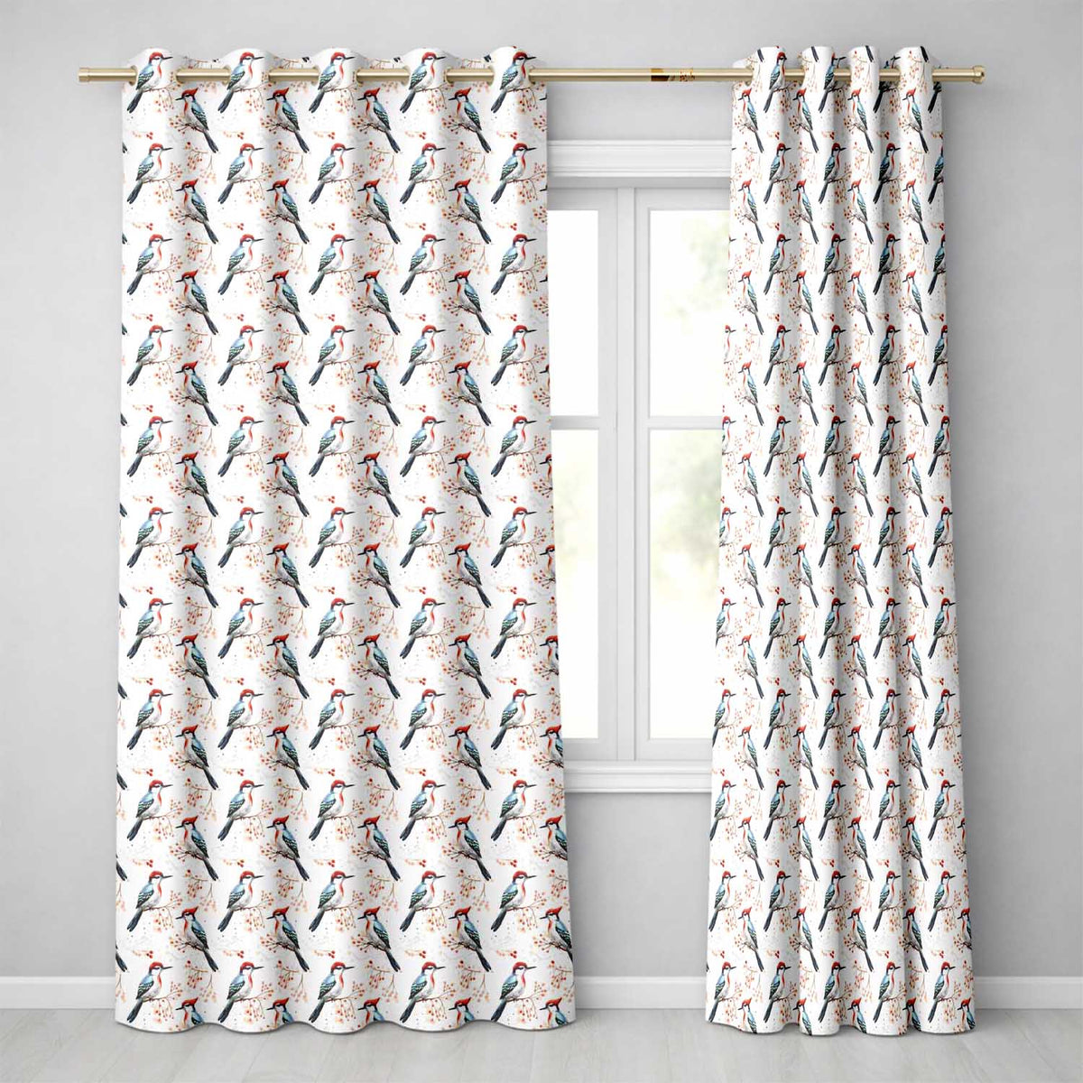 Soft Watercolor Woodpecker Birds with Berry Branch Seamless Pattern Readymade Eyelet Ring Top Thermal 100% Blackout Curtains