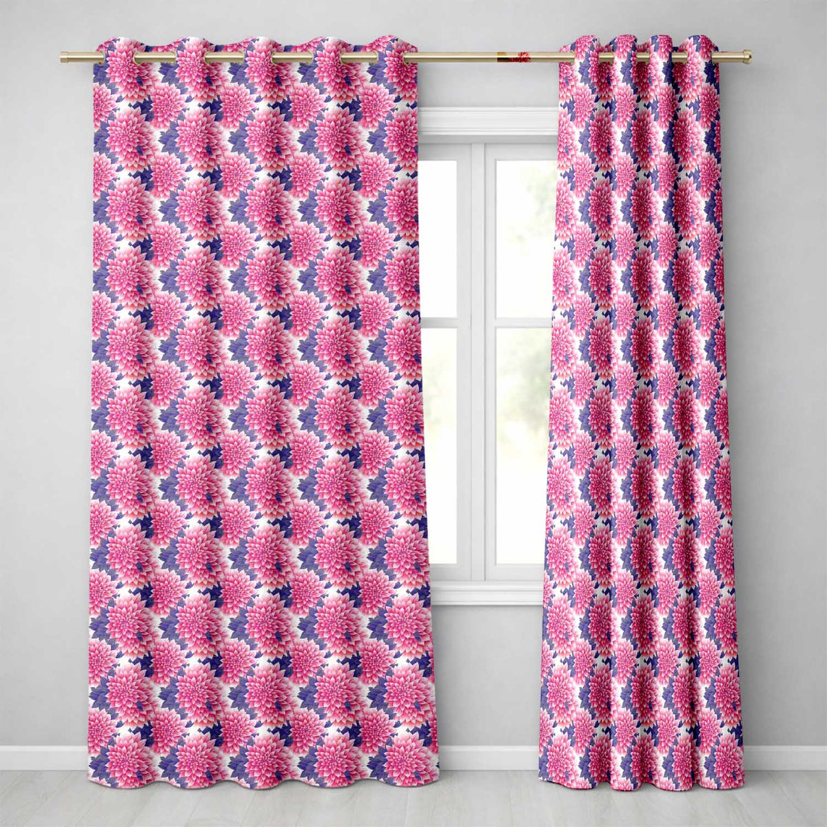 Pink Dahlia Floral Bloom with Soft Purple Leaves Seamless Pattern Readymade Eyelet Ring Top Thermal 100% Blackout Curtains