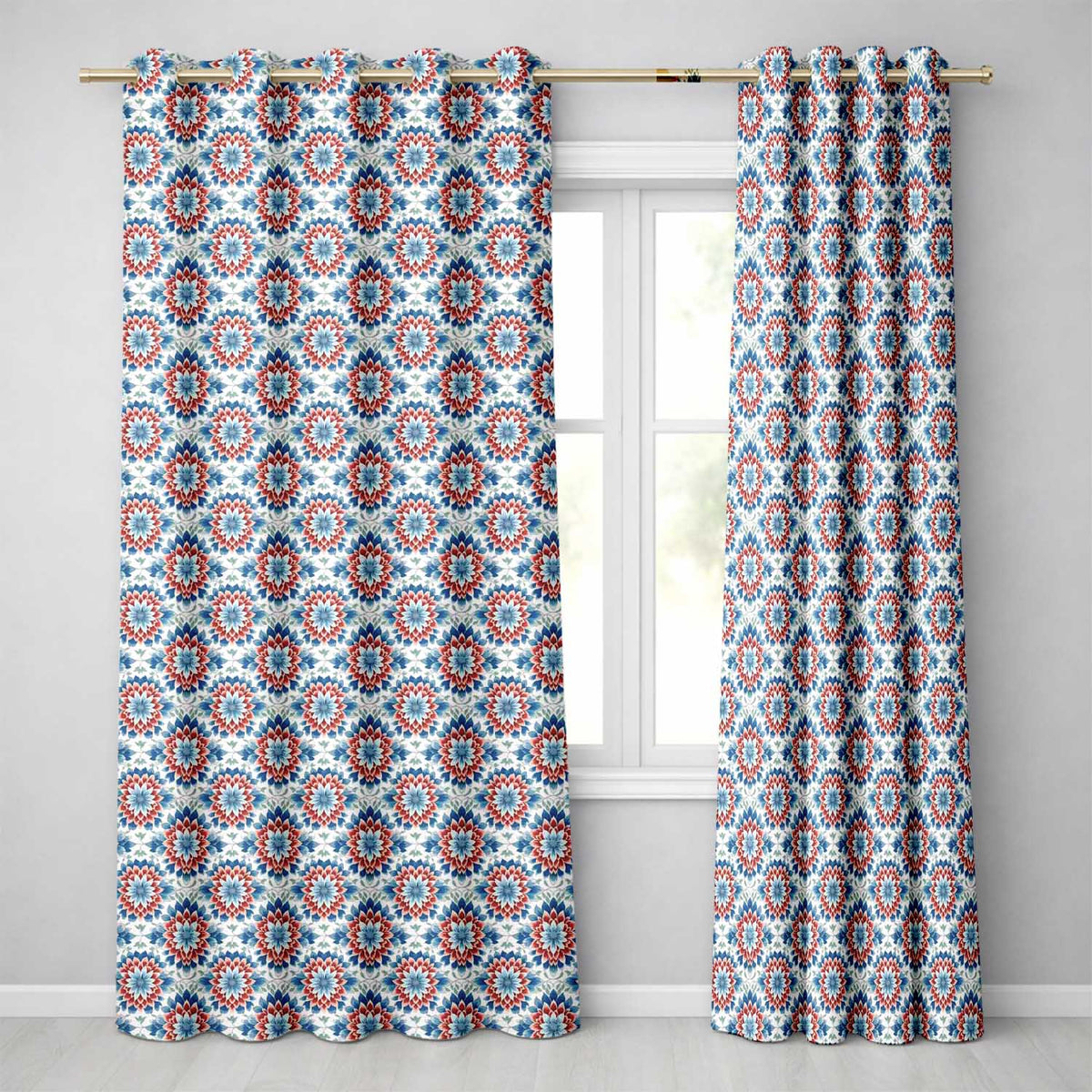 Blue and Red Floral Mandala Tile Seamless Pattern Readymade Eyelet Ring Top Thermal 100% Blackout Curtains