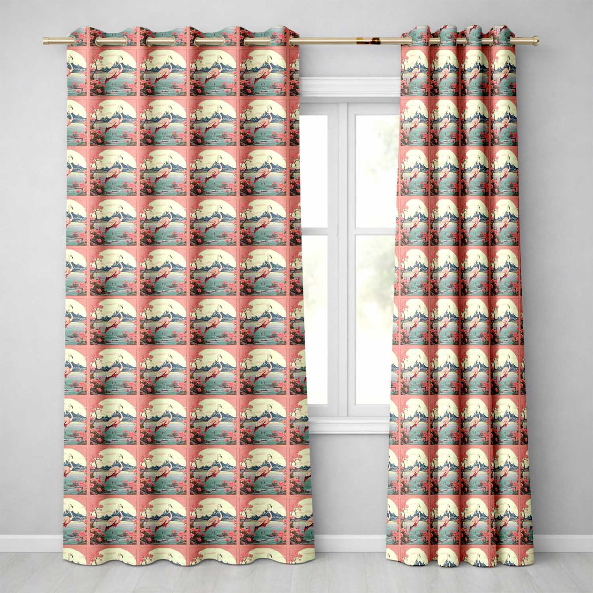 Elegant Flamingo Lake with Cherry Blossom and Mountain Scene Seamless Pattern Readymade Eyelet Ring Top Thermal 100% Blackout Curtains