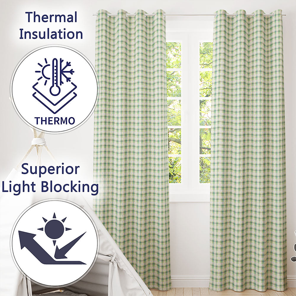 Green and Cream Plaid Check Texture Seamless Pattern Readymade Eyelet Ring Top Thermal 100% Blackout Curtains