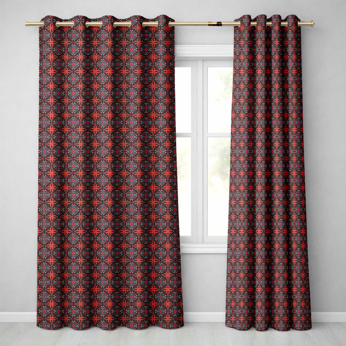 Vintage Floral Tile Geometric Seamless Pattern Readymade Eyelet Ring Top Thermal 100% Blackout Curtains