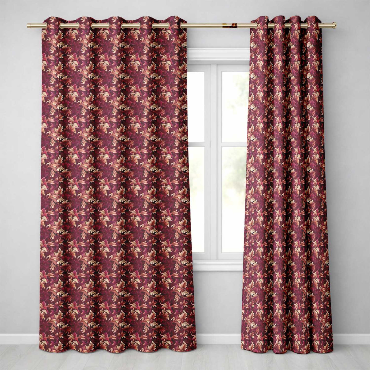 Luxury Red and Gold Ornate Floral Baroque Seamless Pattern Readymade Eyelet Ring Top Thermal 100% Blackout Curtains