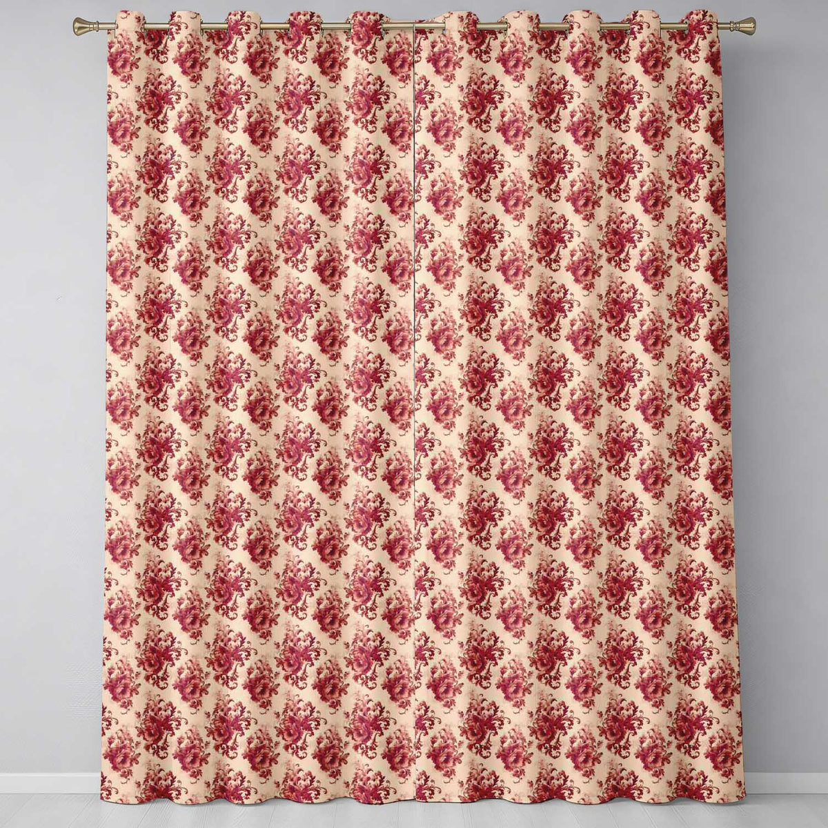 Vintage Red Floral Bouquet Damask Seamless Pattern Readymade Eyelet Ring Top Thermal 100% Blackout Curtains