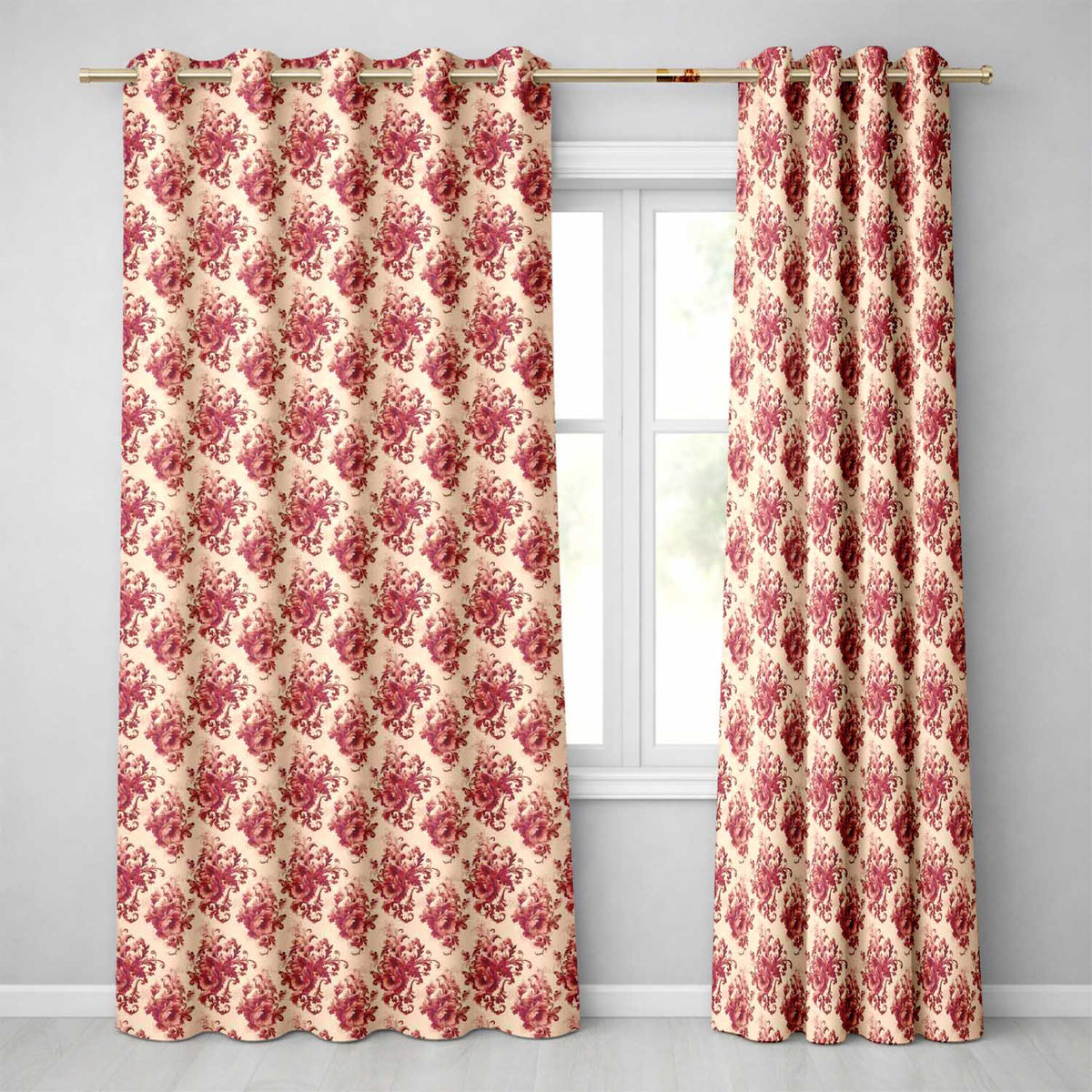 Vintage Red Floral Bouquet Damask Seamless Pattern Readymade Eyelet Ring Top Thermal 100% Blackout Curtains