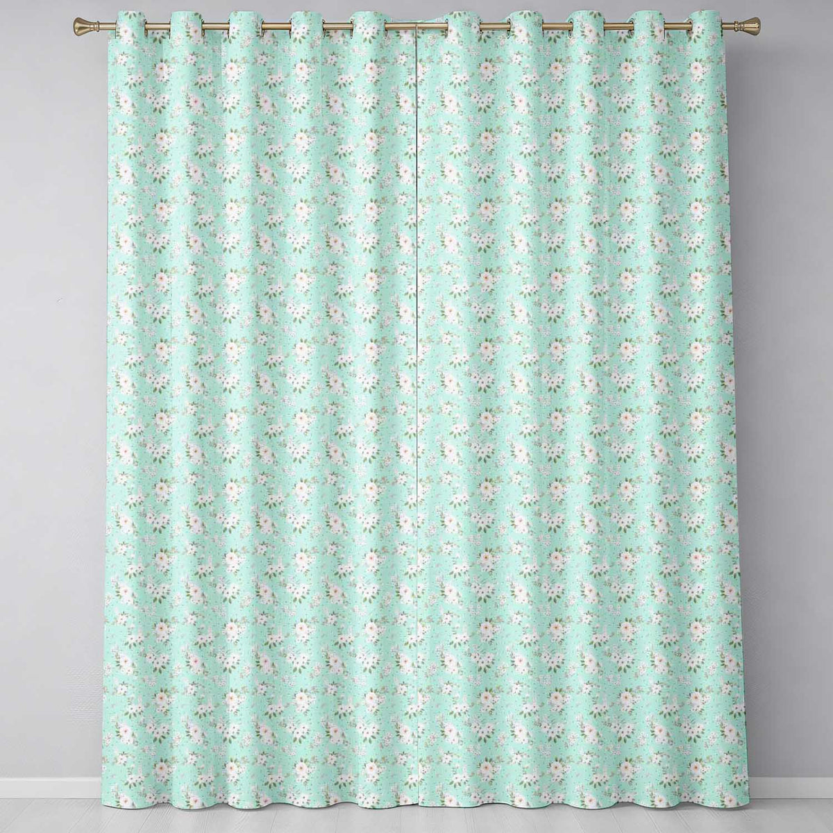 Delicate White Floral on Mint Green Seamless Pattern Readymade Eyelet Ring Top Thermal 100% Blackout Curtains
