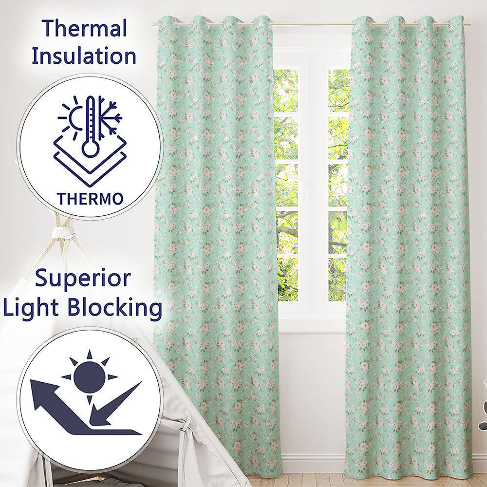 Delicate White Floral on Mint Green Seamless Pattern Readymade Eyelet Ring Top Thermal 100% Blackout Curtains