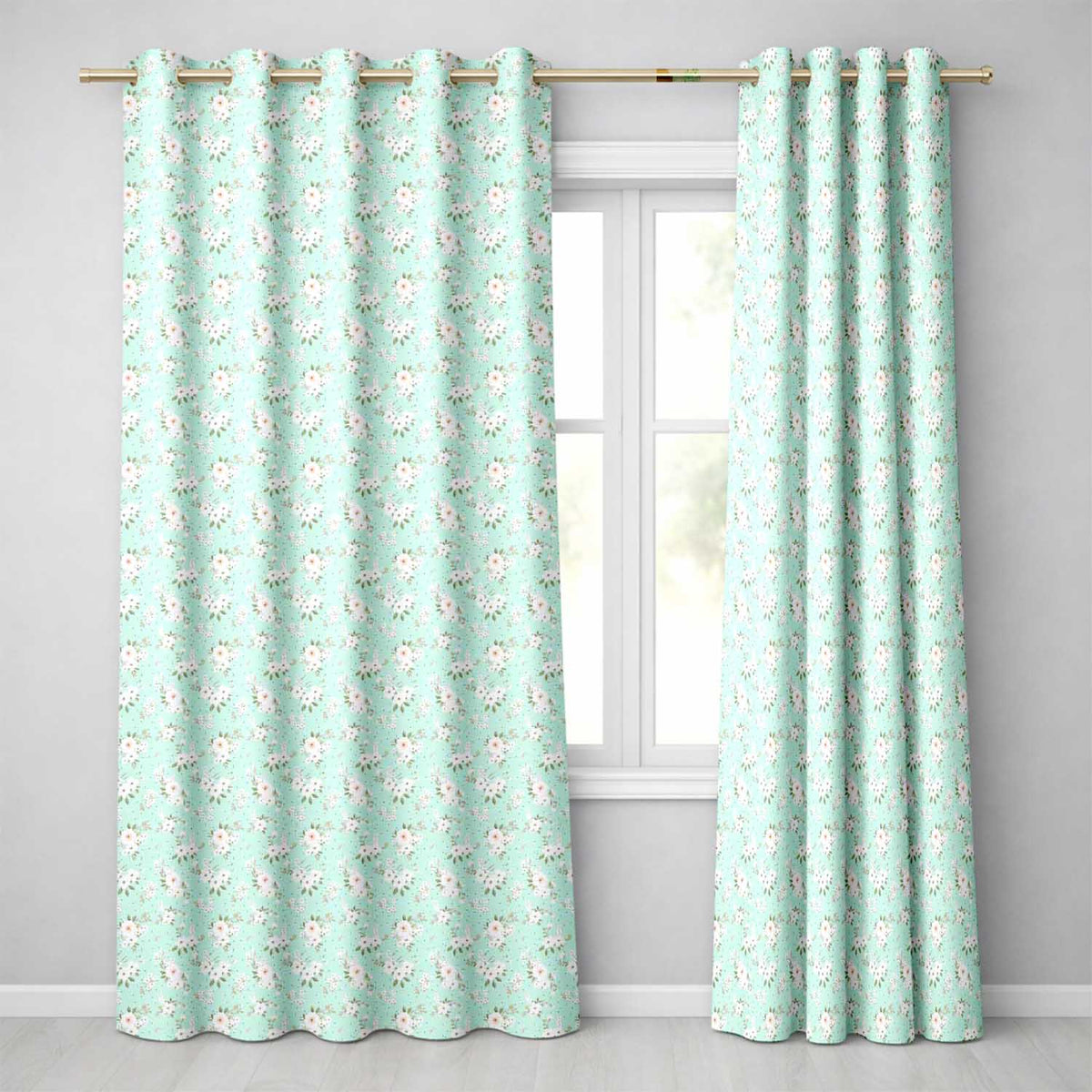 Delicate White Floral on Mint Green Seamless Pattern Readymade Eyelet Ring Top Thermal 100% Blackout Curtains