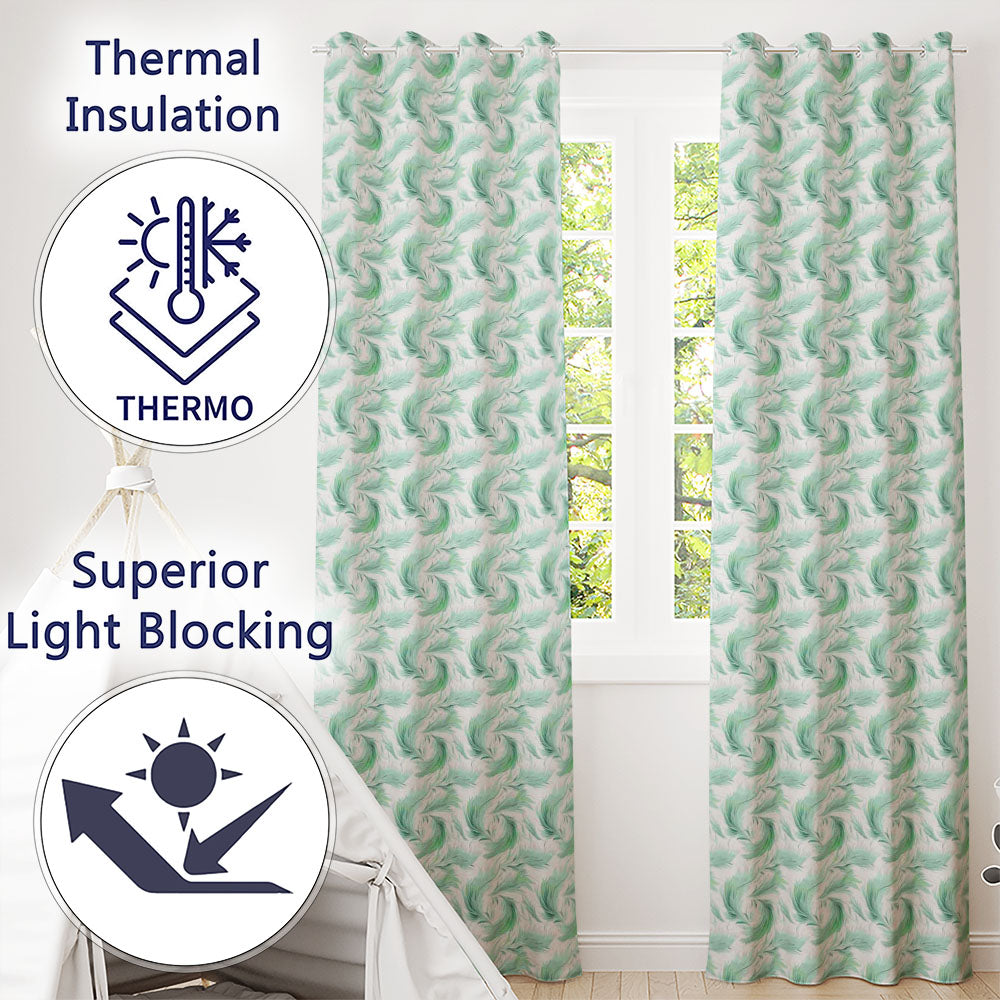 Abstract Mint Green Flowing Feather Swirl Seamless Pattern Readymade Eyelet Ring Top Thermal 100% Blackout Curtains