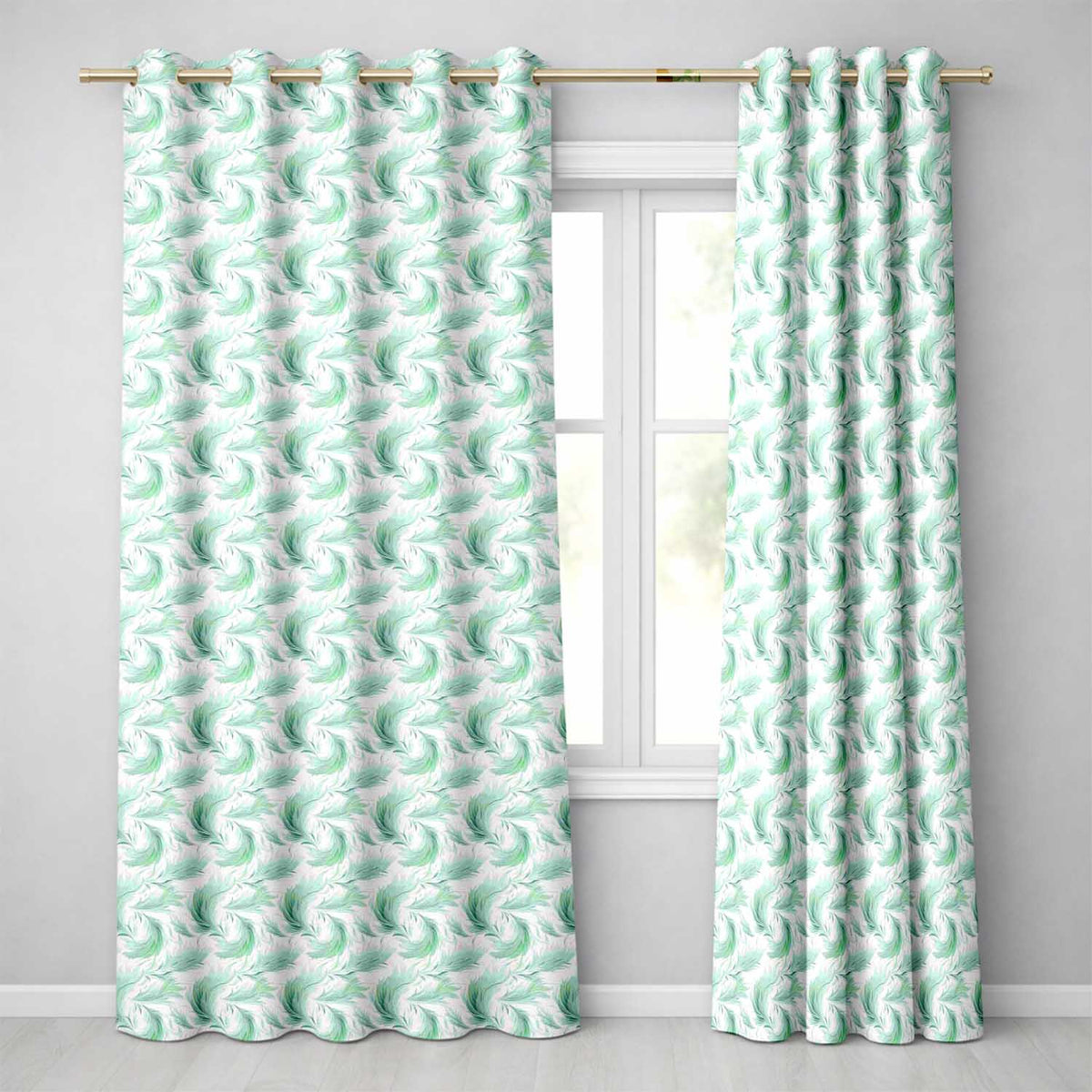 Abstract Mint Green Flowing Feather Swirl Seamless Pattern Readymade Eyelet Ring Top Thermal 100% Blackout Curtains