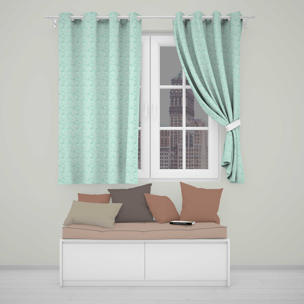 Delicate White Wildflower on Soft Green Seamless Pattern Readymade Eyelet Ring Top Thermal 100% Blackout Curtains