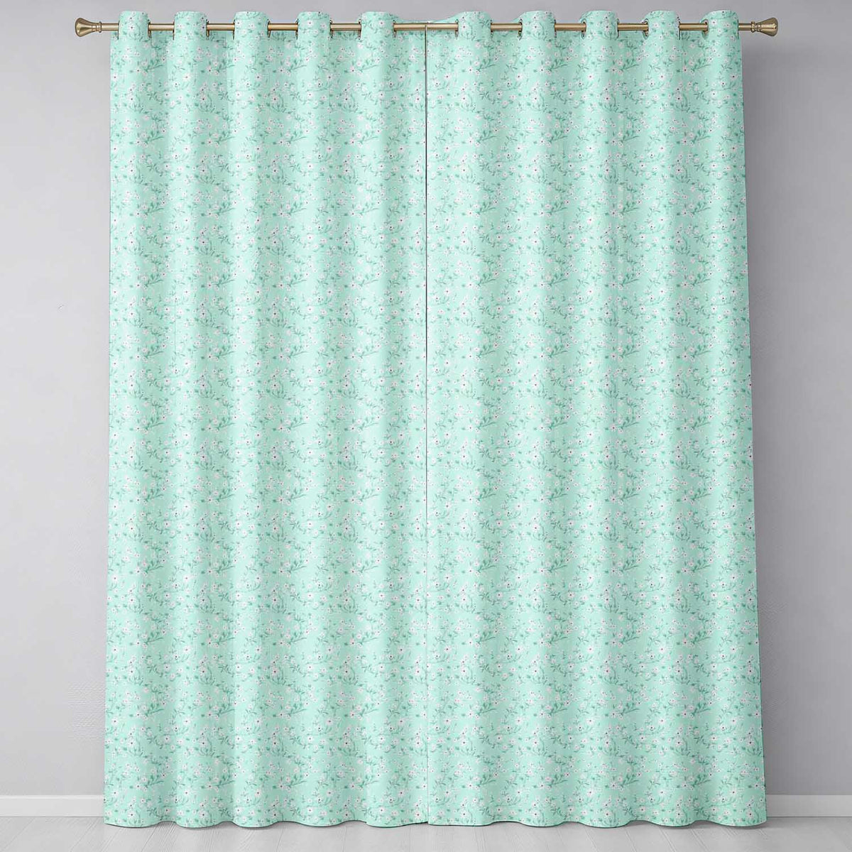 Delicate White Wildflower on Soft Green Seamless Pattern Readymade Eyelet Ring Top Thermal 100% Blackout Curtains