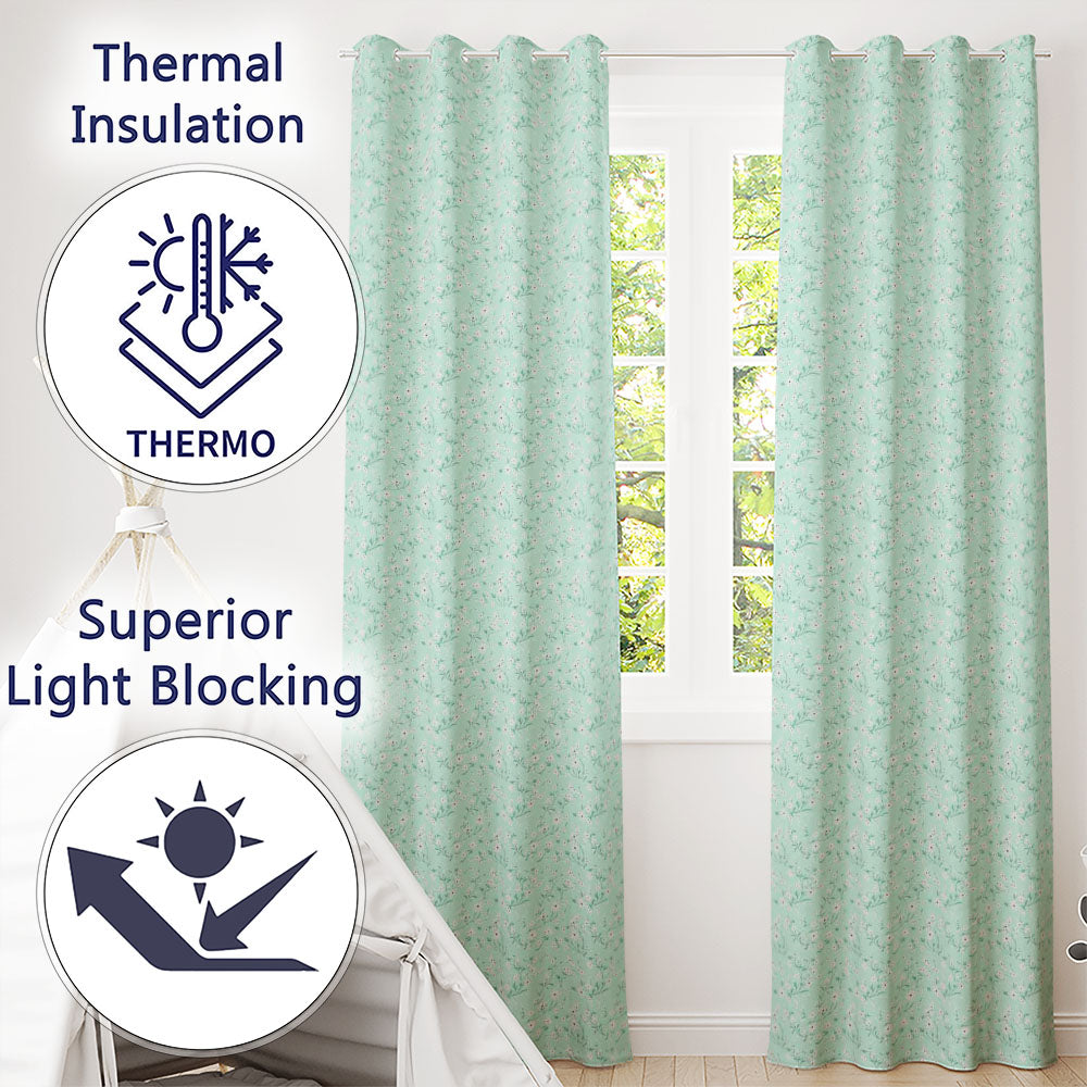 Delicate White Wildflower on Soft Green Seamless Pattern Readymade Eyelet Ring Top Thermal 100% Blackout Curtains