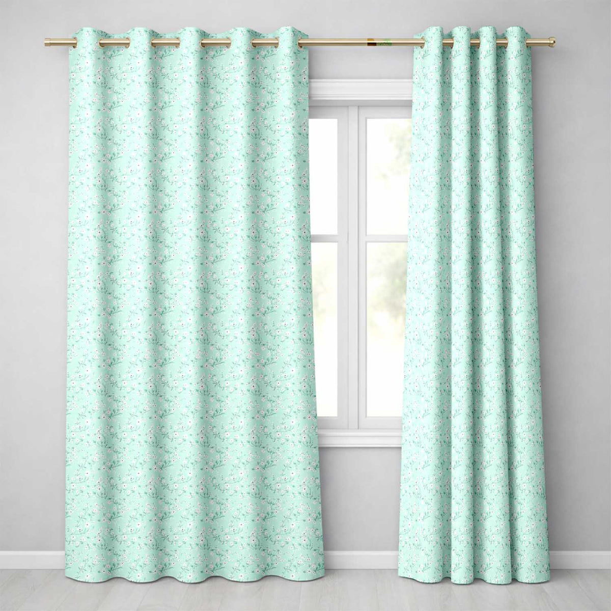Delicate White Wildflower on Soft Green Seamless Pattern Readymade Eyelet Ring Top Thermal 100% Blackout Curtains